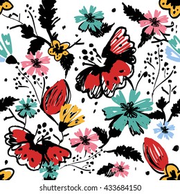 Flower Seamless Pattern. Vector Floral Hand Drawn Texture. Sketch, Free Hand. Brush Stroke