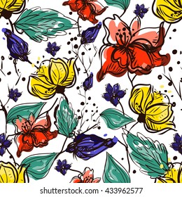 Flower seamless pattern. Vector Floral hand drawn texture. Sketch, free hand. Textile, ink graphic. 