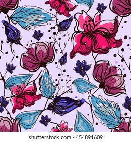 Flower Seamless Pattern. Vector Floral Hand Drawn Texture. Sketch, Free Hand. Textile, Ink Graphic. 