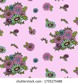 Flower seamless pattern. Vector hand drawn flower bouquet with flowers and leafs isolated on pink background