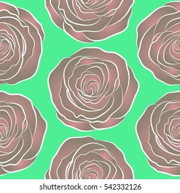 Flower seamless pattern. Vintage dog rose pattern. Hand drawn background with dogrose flowers. Abstract green, beige and pink roses sketch. Flower card with dog rose.