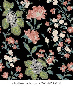  flower seamless pattern. Watercolor print in rustic vintage style, textile or wallpapers.
