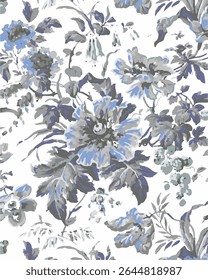  flower seamless pattern. Watercolor print in rustic vintage style, textile or wallpapers.