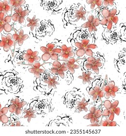 Flower seamless pattern with watercolor.Designed for fabric and wallpaper, vintage style.Blooming floral painting for summer.Botany flower pastel background
