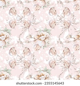 Flower seamless pattern with watercolor.Designed for fabric and wallpaper, vintage style.Blooming floral painting for summer.Botany flower pastel background
