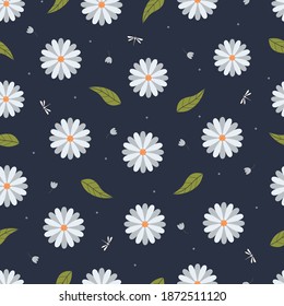 Flower seamless pattern White flowers on a navy background used for Print, wallpaper, room decoration Vector illustration