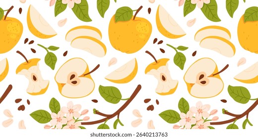 Flower seamless pattern with yellow Apples and bloom Branch. Repeating white background with fruits harvest and blossom plants. Hand drawn vector botanical illustration for design, print, paper, card
