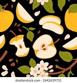 Flower seamless pattern with yellow Apples and bloom Branch. Repeating black background with fruits harvest and blossom plants. Hand drawn vector botanical illustration for design, print, paper, card