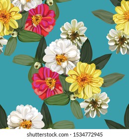 Flower seamless pattern with zinnia flowers 