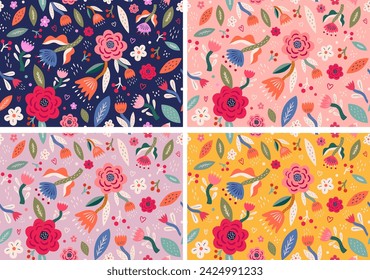 Blume nahtlose Muster. Schöne Sammlung von nahtlosen Mustern mit Rosen, Blättern, Blumensträußen, Blumenkompositionen. 
