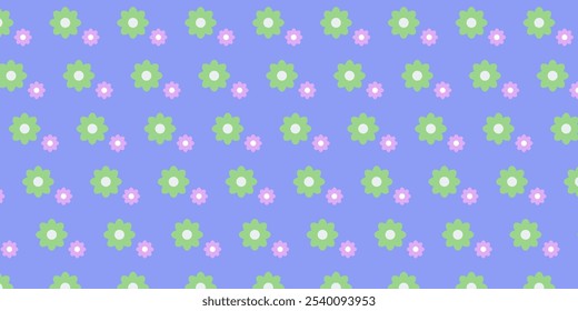 flower seamless patterns with funny happy daisy, Set of vector backgrounds in trendy retro trippy y2k style. Lilac and green white purple blue colors. Fun hippie texture for surface design.