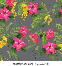 Flower seamless pattern.Sesbania and hibiscus flower vector illustration