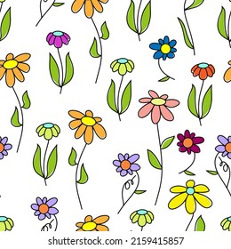 Flower seamless patterrn isolated. Hand drawn kids art. Cartoon vector stock illustration. EPS 10