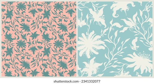 FLOWER SEAMLESS SET PATTERN MODERN, EXOTIC DESIGN FOR PAPER, FABRIC, DECOR, INTERIOR, COVER AND TABLEWARE