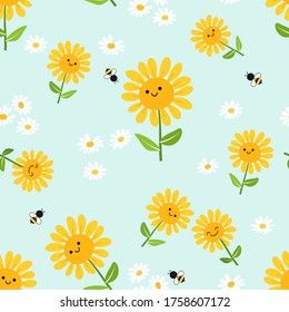 Flower seamless with sunflower, daisy, green leaves and flying cartoon bees on pastel green background. Cute floral pattern.