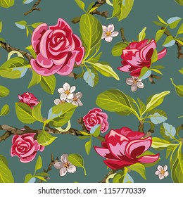 Flower seamless texture, floral pattern, background with flowers and plants, vector illustration