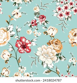 flower seamless vector pattern on green background