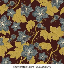 Flower seamless vector pattern. Surface design for fabric, wallpaper, wrapping paper, scrapbooking, invitation cards. Beige, pale blue, dark burgundy, brown color.