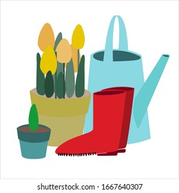 Flower seedlings, watering pot, gumboots. Vector illustration, logo in flat style. Gardening concept, planting concept