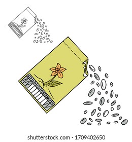 Flower seeds bag icon from nature hand drawn outline style and in doddle color style. Thin line flower seeds icon isolated on white background. Vector illustration