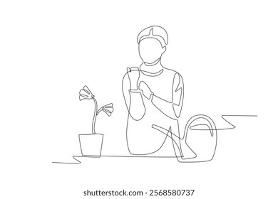 A flower seller is preparing to water the flowers. Flower market concept one-line drawing