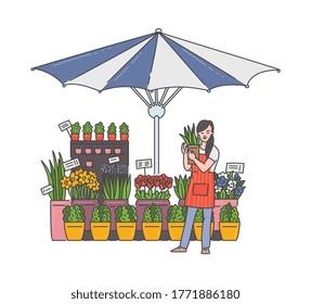 Flower seller woman in outdoor market shop holding house plant in pot - floral stand stall under striped umbrella with cartoon girl selling flowers. Isolated vector illustration.