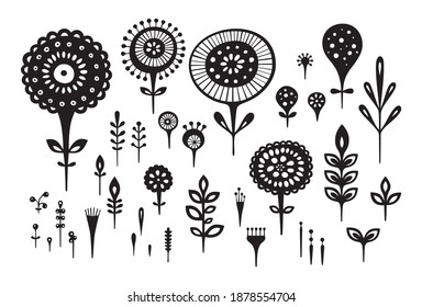 Flower set. Abstract forms. Stylized flowers and leaves. Cute pictures. Isolated objects.