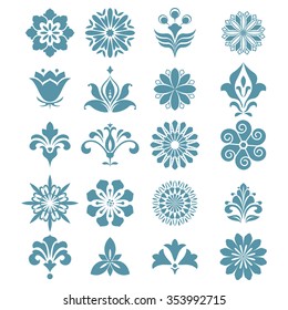 Flower set. Blue ornament on a white background. Vector design elements