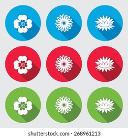 Flower set. Camomile, Chamomile, forget-me-not, lily, water-lily. Floral symbol. Round red, green, blue flat icons with long shadow. Vector isolated.