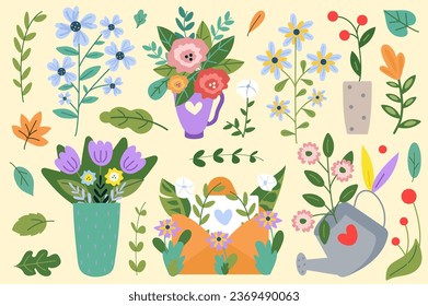 Flower set in cartoon design. This set of illustration burst with lively colors and intricate flower designs, is a celebration of vibrant hues found in the natural world. Vector illustration.
