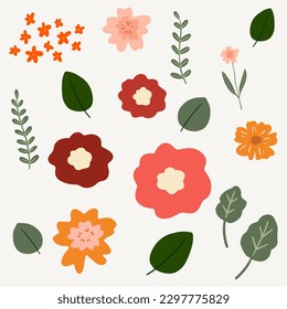 Colección de flores con hojas, Resumen simple dibujado a mano, ramos florales. Flores vectoriales. Impresión artística primaveral con elementos botánicos. Feliz Pascua. Estilo popular. iconos aislados en fondo blanco. 