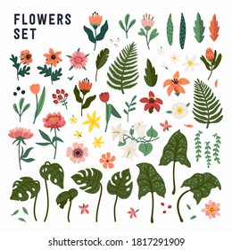 Juego de flores. Colección de flores silvestres y ajardinadas, elementos decorativos de diseño floral. Ilustración vectorial en el estilo de dibujos animados planos sobre fondo blanco