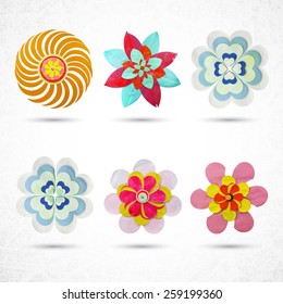 Flower set for design, set of 6 items, made of paper, plasticine, dough, clay or cardboard and glue, cut out with scissors. Grunge, highly textured. Design elements, craft and hobby activity.