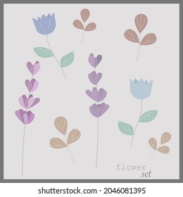 Flower set Design Elements, Floral decoration flat style designs. Simple hand drawn Botanical set, collection of wild blooming isolated on grey background.