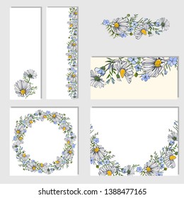 Flower set of edya labels packaging of chamomile and flax hand drawn