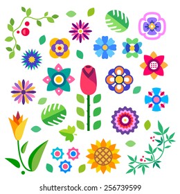 Flower set in a flat style Flower set. Spring flowers, buds and leaves: rose , daisy, forget-me-not, tulip, sunflower, wild lily. Vector flat illustration 