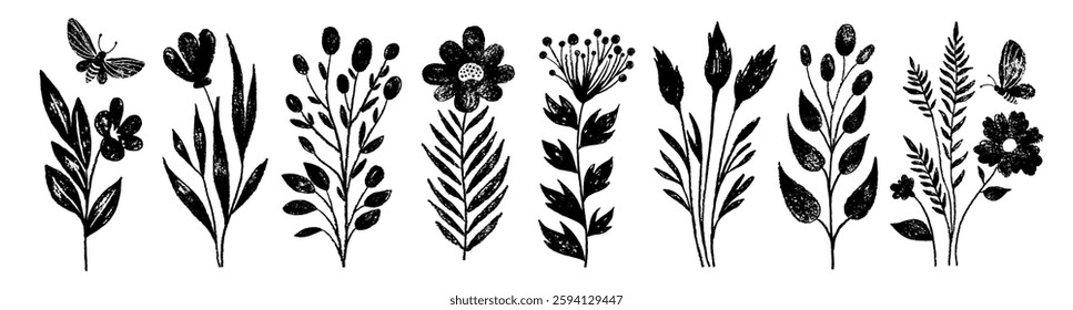 Flower set. Hand drawn black pencil, brush, charcoal abstract illustration with butterfly and plant. Floral doodle paint, crayon sketch. Simple vector handdrawn flower, butterfly. Chalk silhouette bg