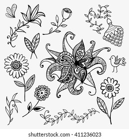 Flower set: hand drawn flowers and leaves. Vector illustration