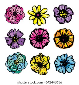 Flower set: highly detailed hand drawn flowers and leaves. Vector illustration