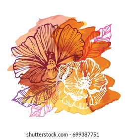 Flower set: highly detailed hand drawn flowers and leaves. Vector illustration