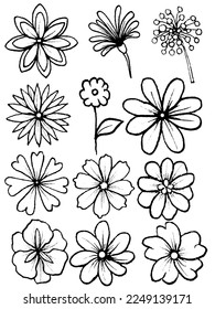 flower set icon. Black and white botanical illustration.