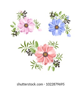 Flower set isolated on white background. Modern design for t-shirt,print material,cloth and textile. Collection for invite card,boho wedding dress,wallpaper,poster,greeting card. Creative trendy art