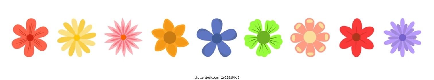 Flower set line. Cute Spring colorful flowers collection. Daisy chamomile, daffodil, sun flower, chrysanthemum gerbera. Growing concept. Fresh blooming elements. Flat design. White background. Vector