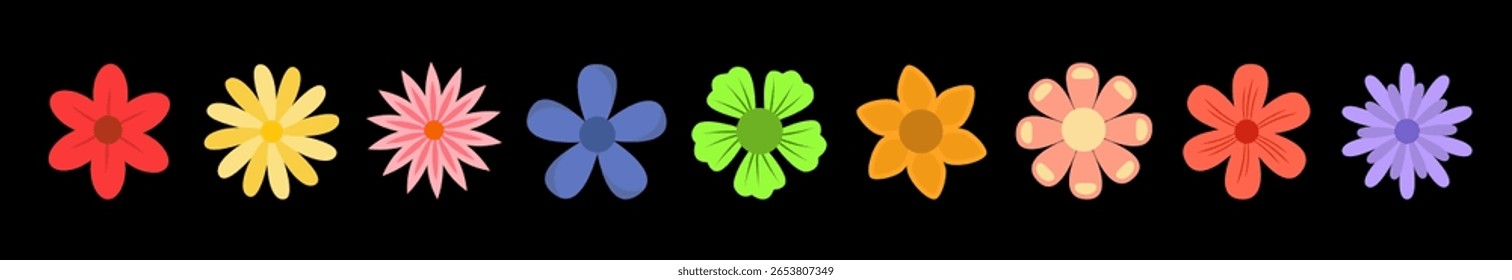 Flower set line. Cute Spring colorful flowers collection. Daisy chamomile, daffodil, chrysanthemum gerbera, sun flower. Growing concept. Fresh blooming elements. Flat design. Black background. Vector