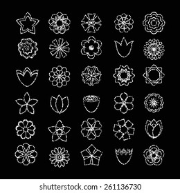 Flower set, made of chalk / pastel texture. Vector illustration.