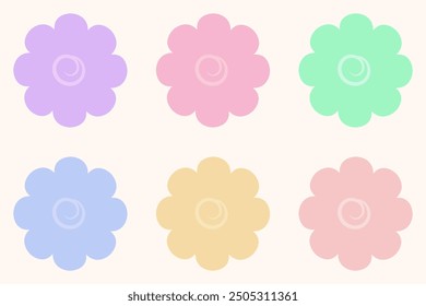 Flower set. Multicolored inflorescences of flowering plant. Color vector illustration. Flower head. Eight blossomed rounded petals. Opened flower bud. Isolated white background. Flat style. 