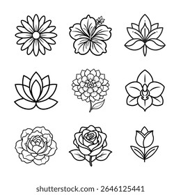 Flower set outline vector on white background
