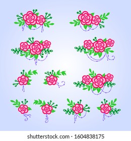 Flower set of roses, branches and string with beads. Decorative elements for design.