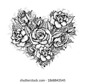 Conjunto de flores de rosas. flores realistas dibujadas a mano en forma de corazón. ramo romántico para publicidad, tapiz, papel, decoración, tarjetas de felicitación, invitaciones