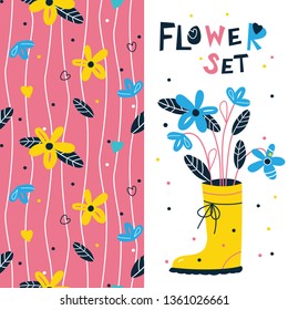 Flower set seamless pattern and flowering plant in a flower pot rubber boot. Happy gardening clipart set. My hobbies. Growing plants. Landscaping, garden, interior elements. Summer time! Scandinavian 